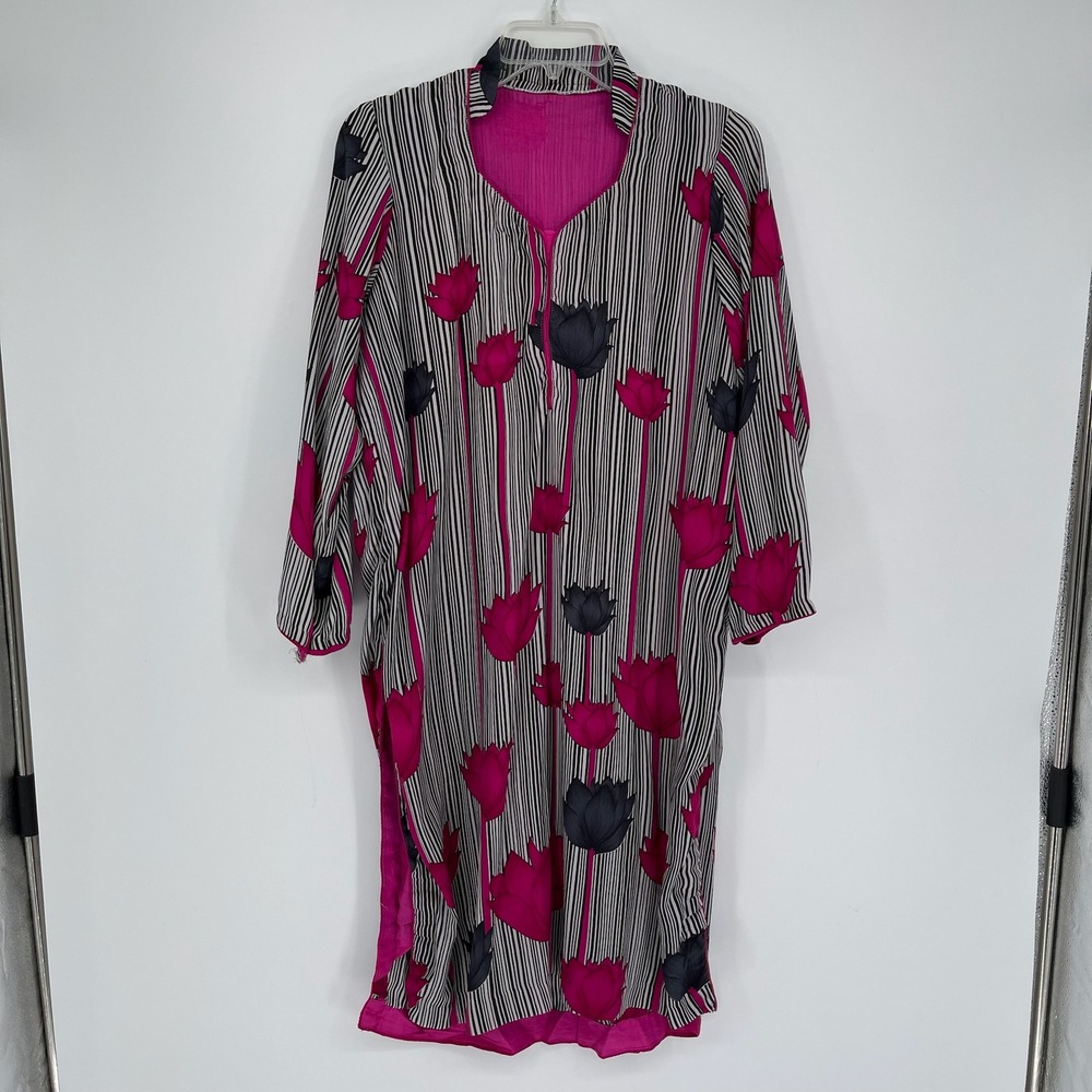 Women's Pink Black Floral Striped Long Sleeve Kurta Relaxed Tunic Dress Size XL